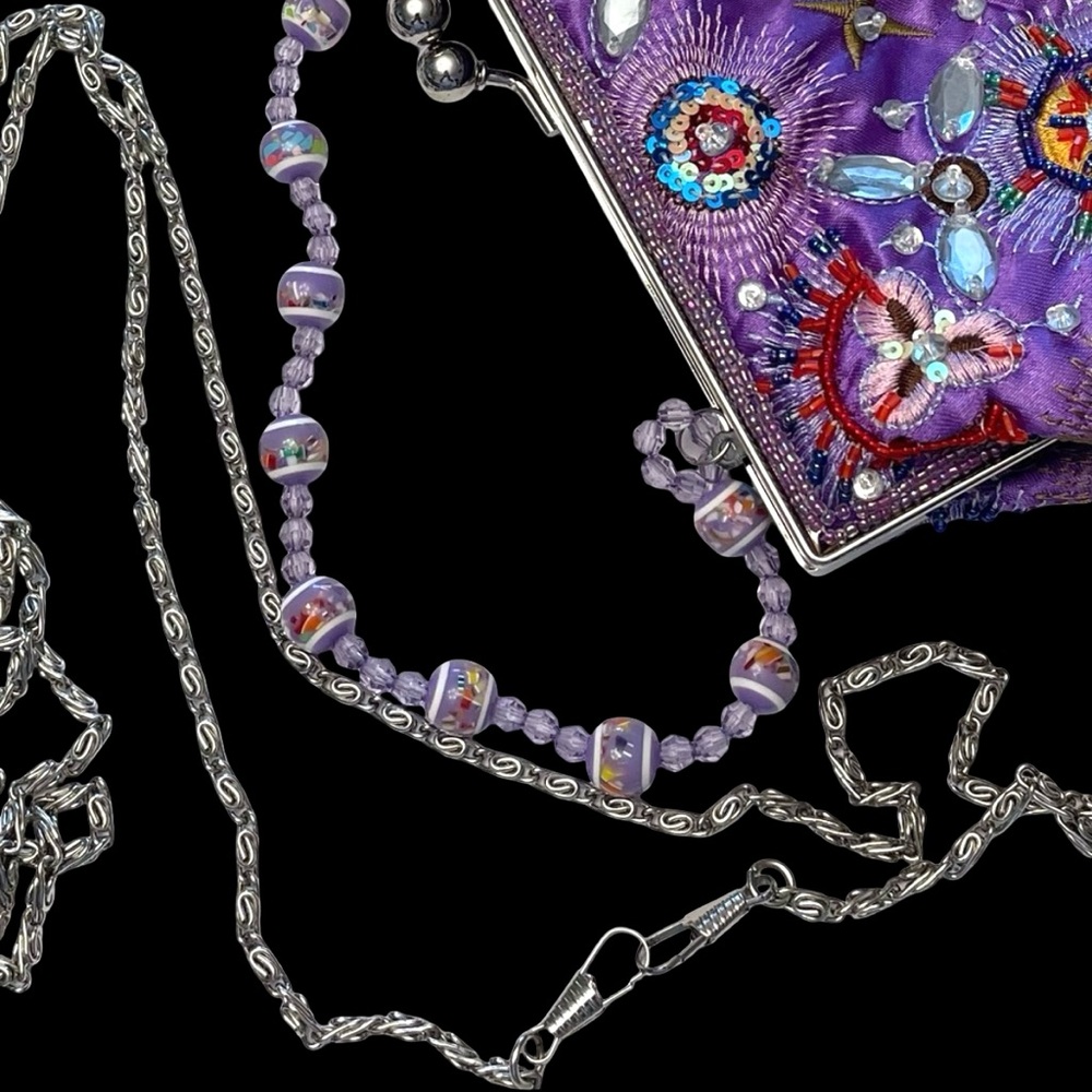 Vintage 90s Purple Satin Embroidered And Embellished Evening Bag Beads & Sequins
